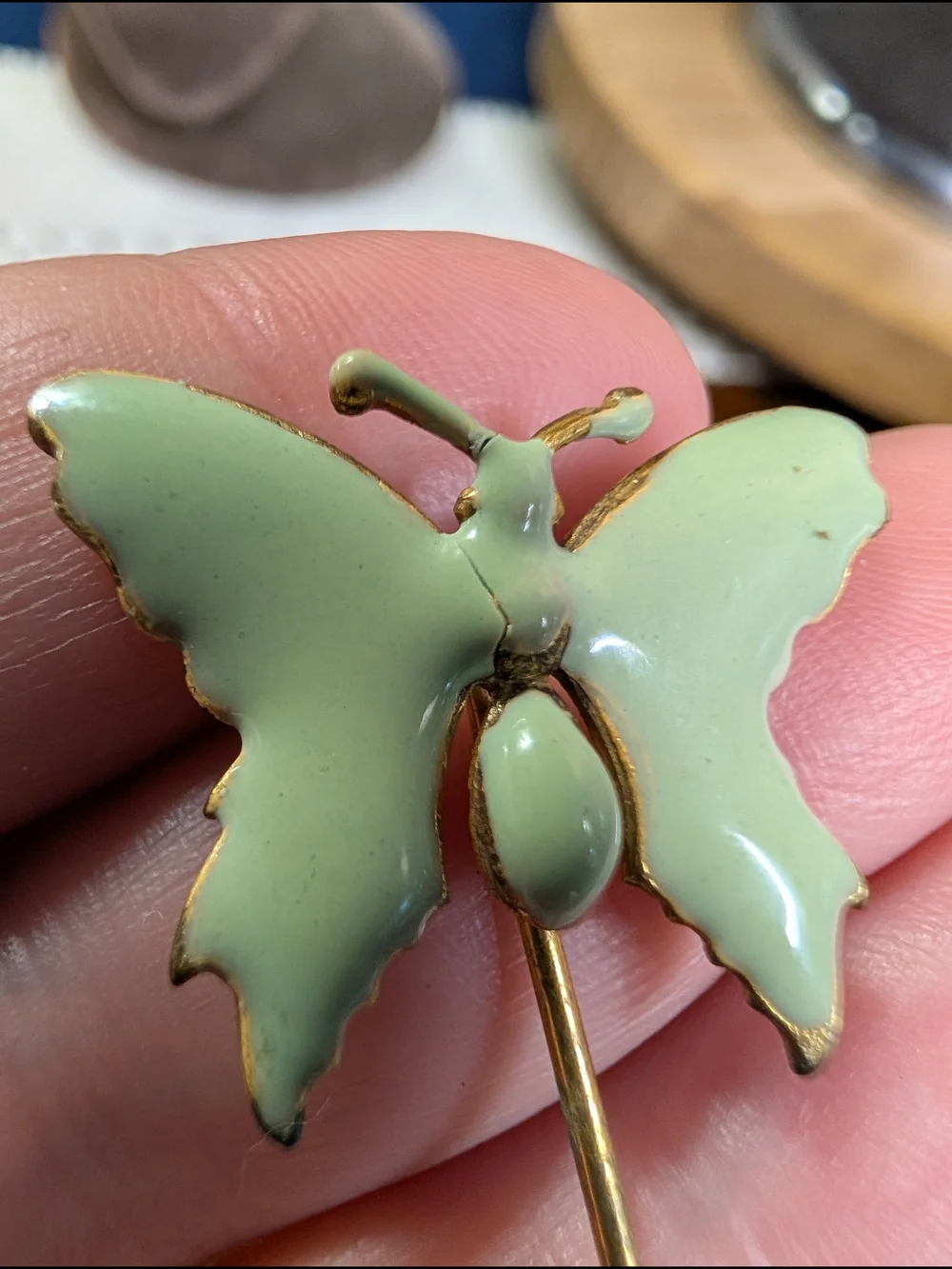 Vintage Miriam Haskell Gold Butterfly Stick Pin Mint Green Enamel